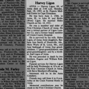 Harvey Lee Ligon
Southern Illinoisan
Carbondale, Illinois
Tue, Sep 19, 1995 ·Page 6