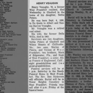 Henry Veaughn Obituary 1974 (Carbondale, IL paper)